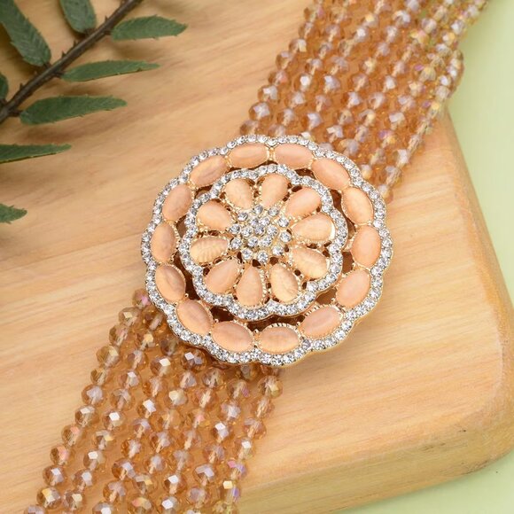 Beaded Champagne Color Glass & Austrian Crystal Bracelet & Cat's Eye Brooch - Picture 3 of 4